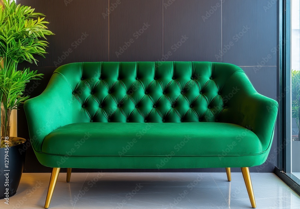 Fototapeta premium Green Velvet Tufted Sofa with Gold Legs in Modern Interior