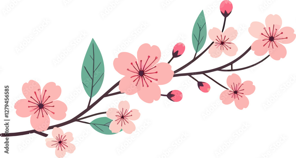 Fototapeta premium Cherry Blossom flowers. Realistic Sakura blossom branch .Pink petals of japanese sakura .Hanami element. Watercolor blooming cherry flowers isolated on a white background. Sakura season.