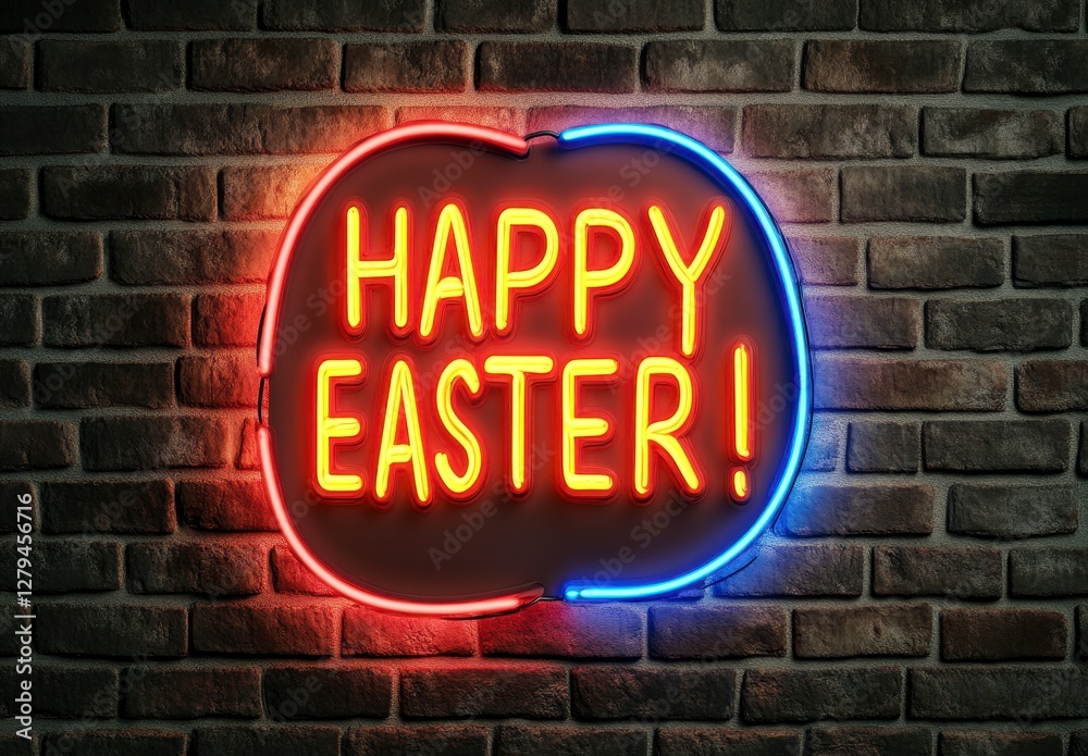 Obraz premium Happy Easter Neon Sign on Brick Wall