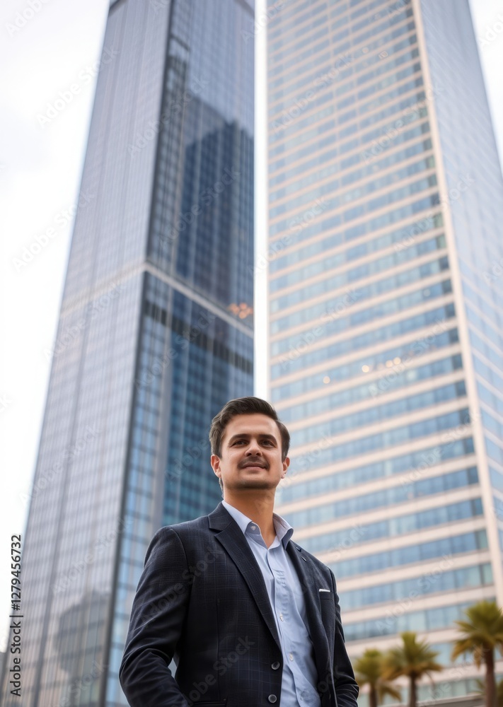 A man is standing in front of two tall buildings skyscraper city building skyscraper downtown business architecture cityscape A man is standing in front of two tall buildings skyscraper city building skyscraper downtown business architecture cityscape