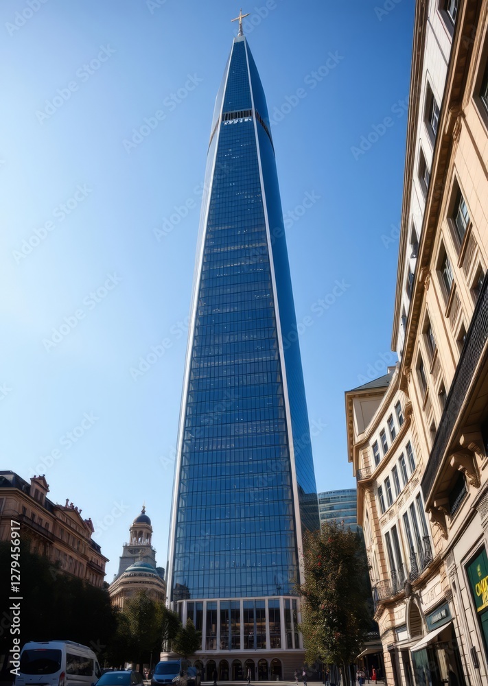 Modern glass skyscraper, triangular shape, reflective blue facade, towering structure, urban architecture, old historic buildings in foreground, contrast of old and new, clear blue sky, city landscape Modern glass skyscraper, triangular shape, reflective blue facade, towering structure, urban architecture, old historic buildings in foreground, contrast of old and new, clear blue sky, city landscape
