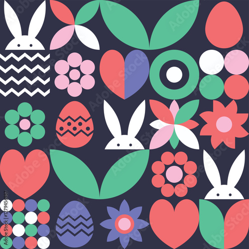 Easter background in geometric style. Mosaic with bunny, egg and flower. Abstract design.  Vector illustration