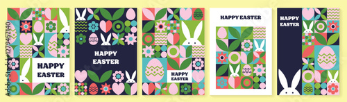 Set of geometric Easter greeting card. Abstract background with bunny, egg and flower. Vector illustration