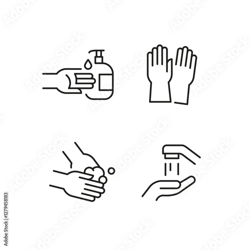 Cleaning and hygiene icons. A set of 4 cleaning logotypes. Handle, laundry room, conditioner. For branding cleaning products, hygiene services. Vector illustration.