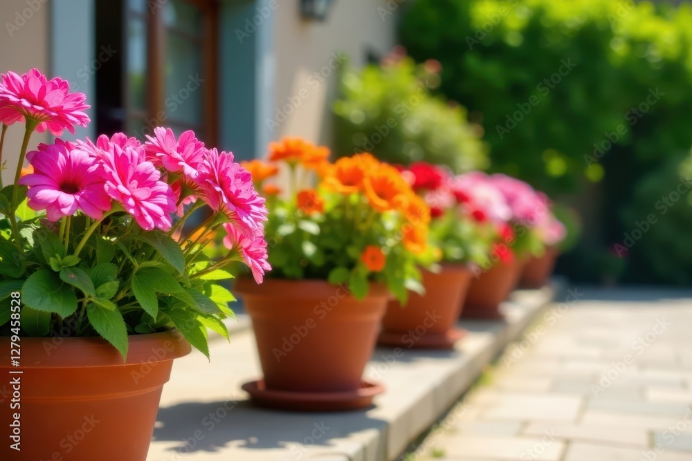 Vibrant summer blooms in terracotta pots on sunny terrace, nature, lavender Vibrant summer blooms in terracotta pots on sunny terrace, nature, lavender