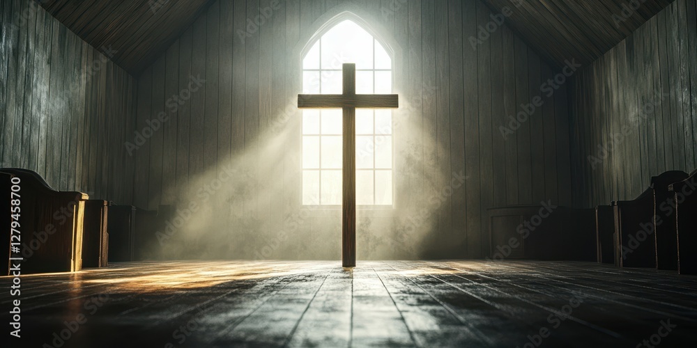 Naklejka premium Light beams through a church window illuminating a wooden cross and the serene interior during morning hours