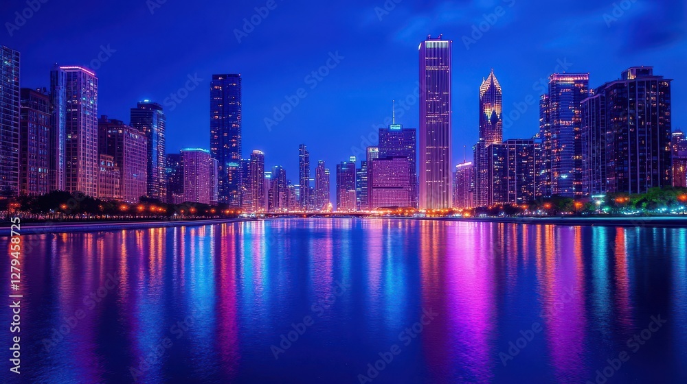 Vibrant skyline of chicago at night reflecting on lake michigan waters Vibrant skyline of chicago at night reflecting on lake michigan waters