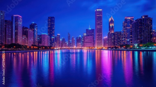 Vibrant skyline of chicago at night reflecting on lake michigan waters