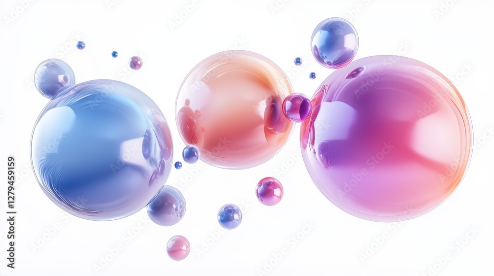 Colorful abstract glass spheres against white background with reflections and soft lighting Colorful abstract glass spheres against white background with reflections and soft lighting