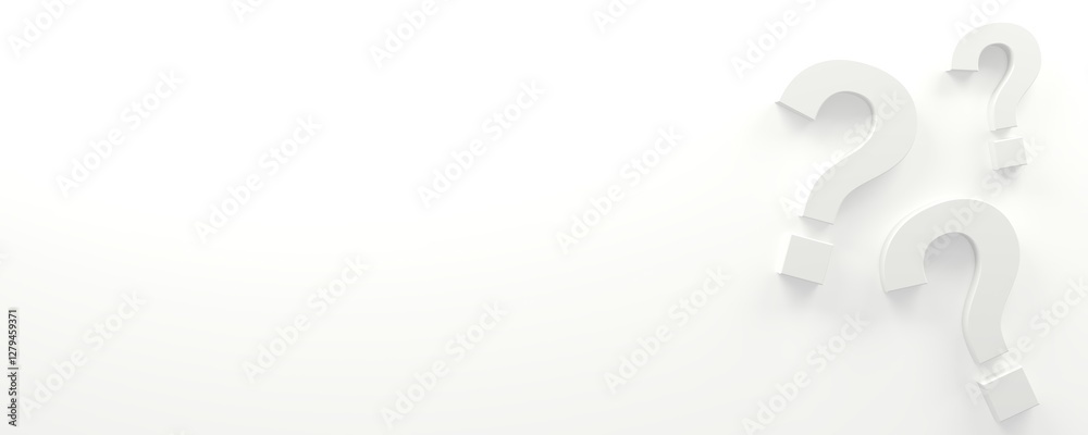 Overhead flat lay of a white question marks on a white floor: copy space for questions or brainstorming concepts, 3d illustration Overhead flat lay of a white question marks on a white floor: copy space for questions or brainstorming concepts, 3d illustration