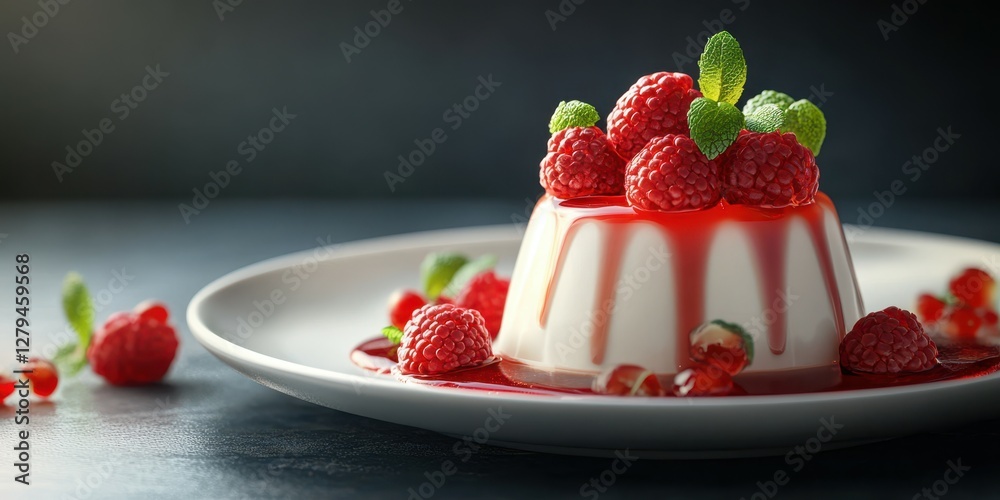 Delicious raspberry panna cotta with mint leaves on a dark surface in a gourmet setting Delicious raspberry panna cotta with mint leaves on a dark surface in a gourmet setting
