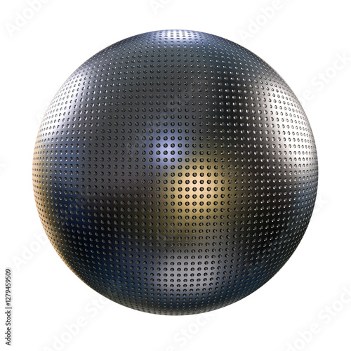 Abstract metallic ball with detailed textured surface, isolated on a transparent background
