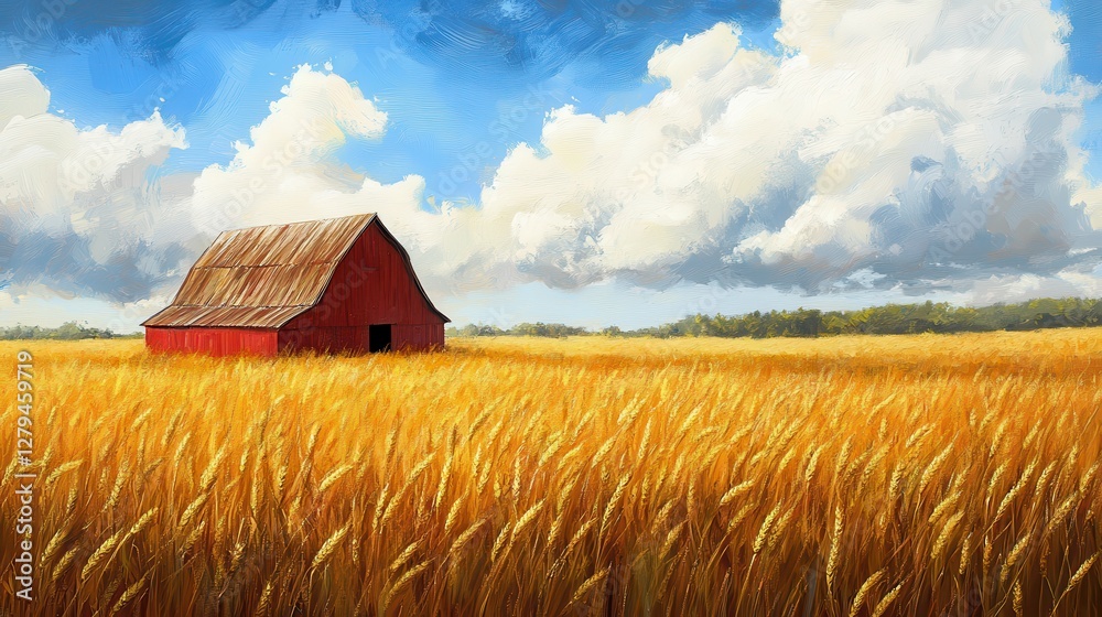 Rustic barn in vibrant wheat field under cloudy blue sky Rustic barn in vibrant wheat field under cloudy blue sky