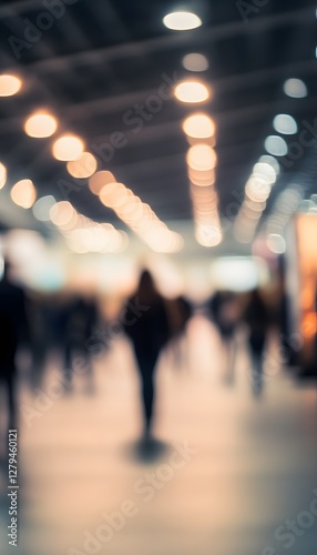 Blurred image of people walking in a brightly lit hallway