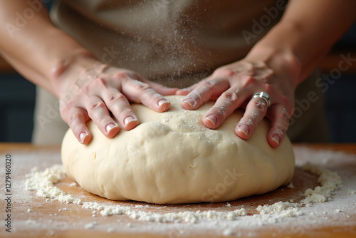 Extreme close-up of hands pressing into soft, stretchy dough, capturing the details of kneading—the folds, the tension, and the fine dusting of flour lifting into the air. The wooden table beneath has