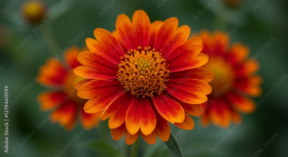 Vibrant Orange and Red Flower Bloom - Close-up of a single, bright orange and red flower with a detailed center, two other similar flowers softly blurred in the background Vibrant Orange and Red Flower Bloom - Close-up of a single, bright orange and red flower with a detailed center, two other similar flowers softly blurred in the background