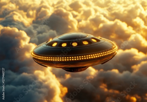 Metallic UFO Soaring Through Golden Sunset Clouds