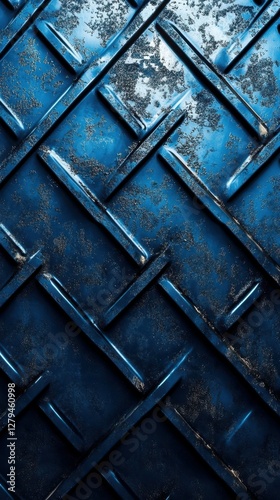 Textured blue metal surface with a distressed pattern observed in urban surroundings during daylight hours