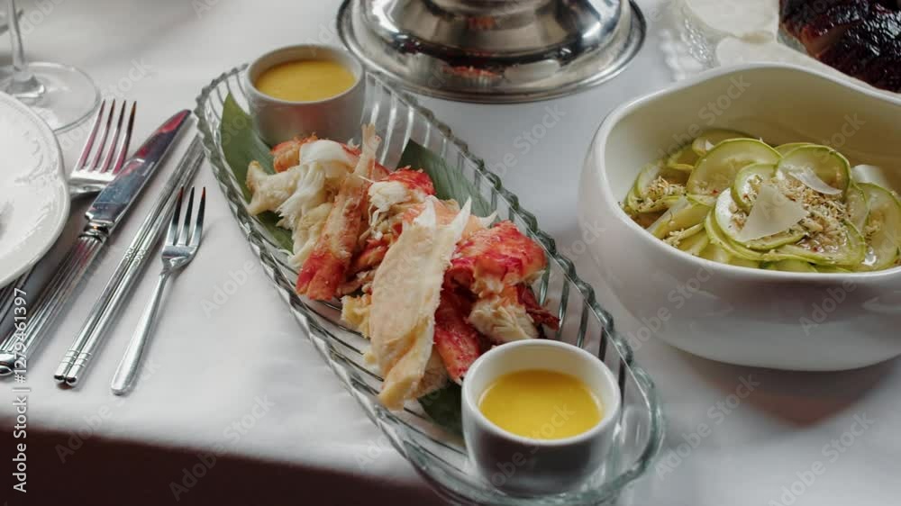 Lobster dish with dipping sauce and cucumber salad Lobster dish with dipping sauce and cucumber salad