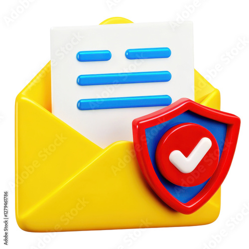 3D Cybersecurity icon. Email with security shield icon isolated on a white background.