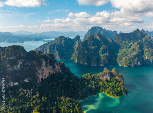 Fototapeta Naklejka Na Ścianę i Meble -  Aerial view of khao sok national park lakes and mountains, thailand