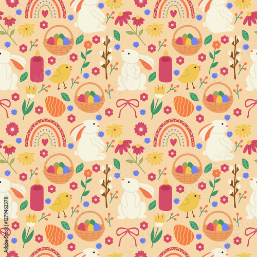 Seamless cute easter themed pattern with bunnies, easter cake, rainbow, easter colorful eggs, botany. Cute holiday design vector illustration flat