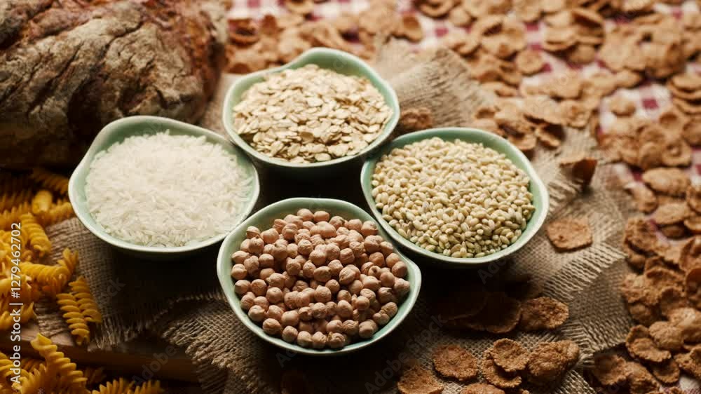 Close-up of carbohydrate-rich foods on a table, including bread, rice, wholegrain flakes, oats, wheat and corn pasta. Carbs Food. Close-up of carbohydrate-rich foods on a table, including bread, rice, wholegrain flakes, oats, wheat and corn pasta. Carbs Food.