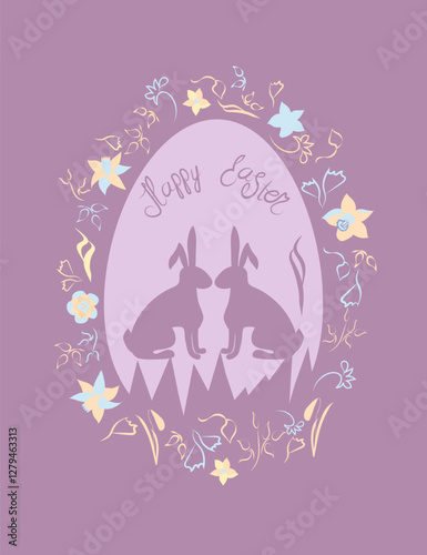 Easter greeting card with Easter bunnies and Easter eggs