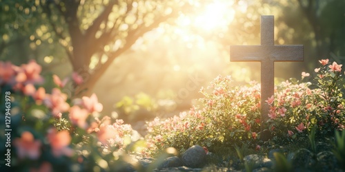 Fototapeta Naklejka Na Ścianę i Meble -  Flowers bloom around a stone cross in a serene garden during golden hour light