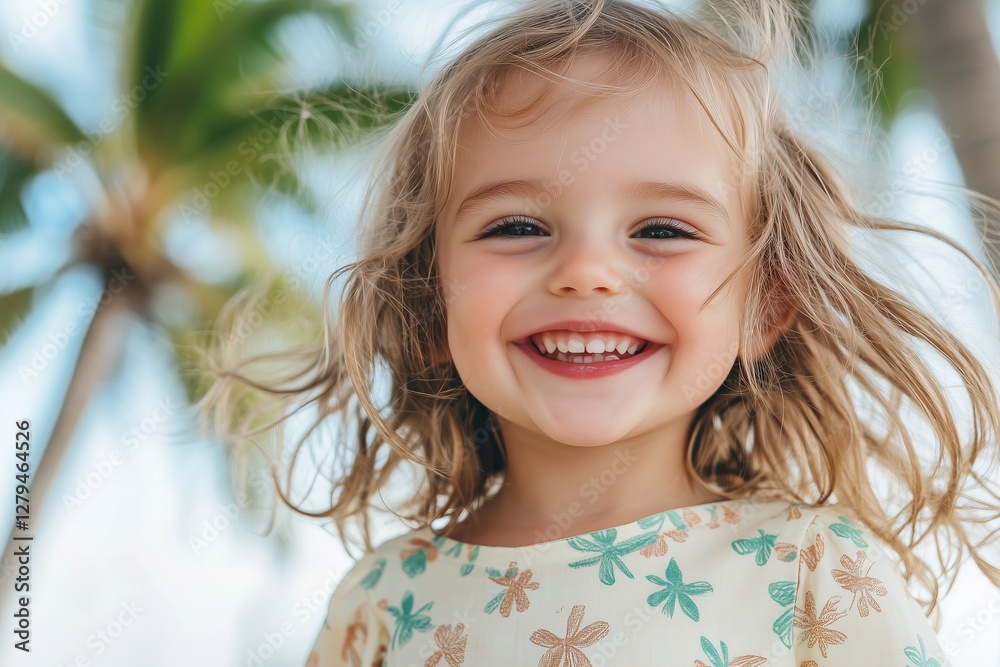 happy caucasian little girl wearing a long beach dress with exotic print with beach and palm trees in the background. happy caucasian little girl wearing a long beach dress with exotic print with beach and palm trees in the background.