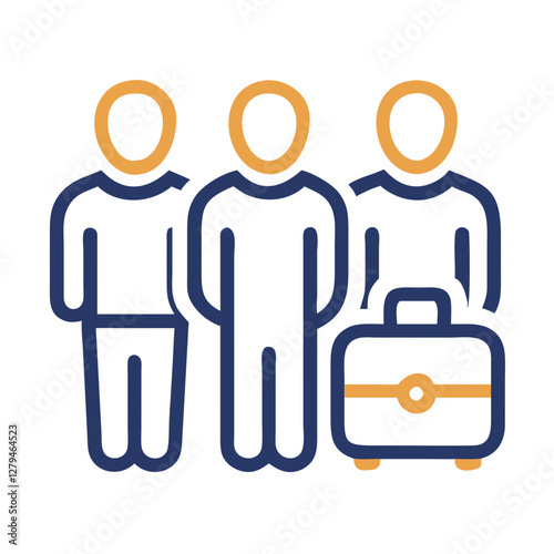 Travel group icon representing adventure and exploration with three individuals and a suitcase in a minimalistic design