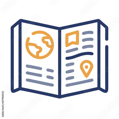 Travel guidebook icon depicting globe and map details for exploring various destinations and planning adventures