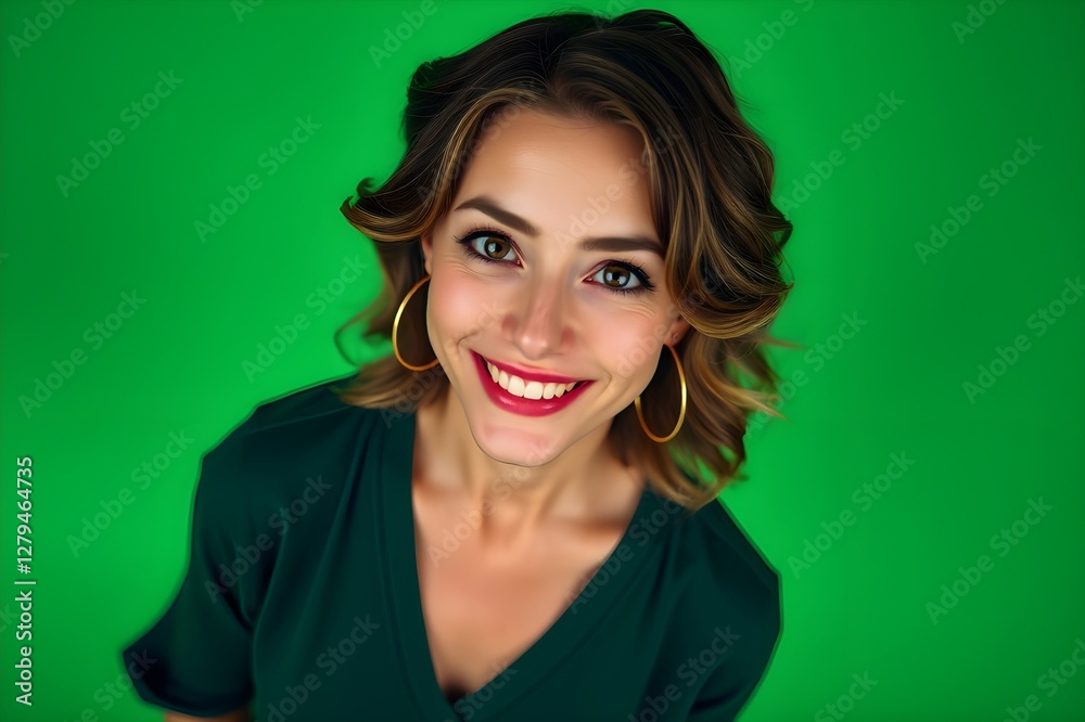 Cheerful middle-aged woman smiles warmly in studio. Portrait shot against plain green background. Attractive woman in casual green sweater. Pro, friendly expression. Mid-life beauty, casual style Cheerful middle-aged woman smiles warmly in studio. Portrait shot against plain green background. Attractive woman in casual green sweater. Pro, friendly expression. Mid-life beauty, casual style