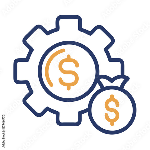 Vector icon representing asset management with a gear and currency symbols illustrating financial operations