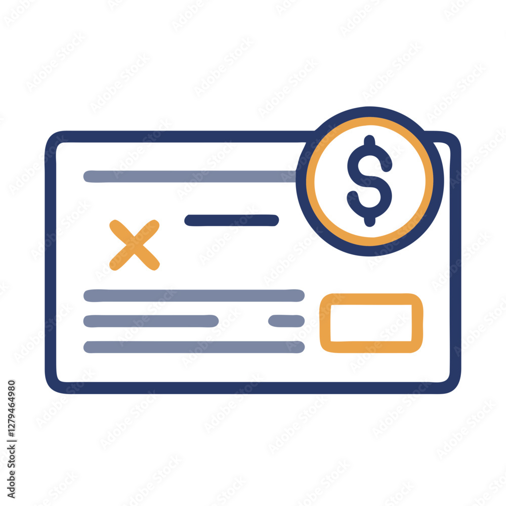 Vector icon of a canceled check with money sign and crossed-out area for illustrating financial transactions and document processing Vector icon of a canceled check with money sign and crossed-out area for illustrating financial transactions and document processing