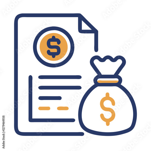 Business loan icon showcasing a document with a dollar sign and a money bag symbolizing financial assistance for entrepreneurs