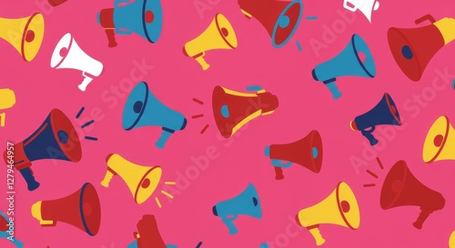 Colorful Megaphones Pattern - A vibrant pattern of colorful megaphones on a pink background, perfect for announcements or marketing materials