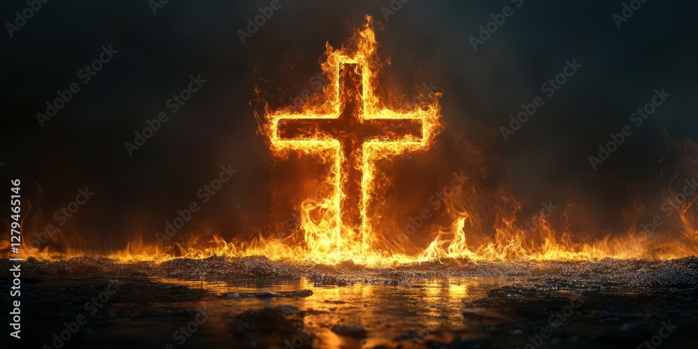 Flames engulf a cross symbolizing passion and spirituality at twilight amid a dark, moody backdrop
