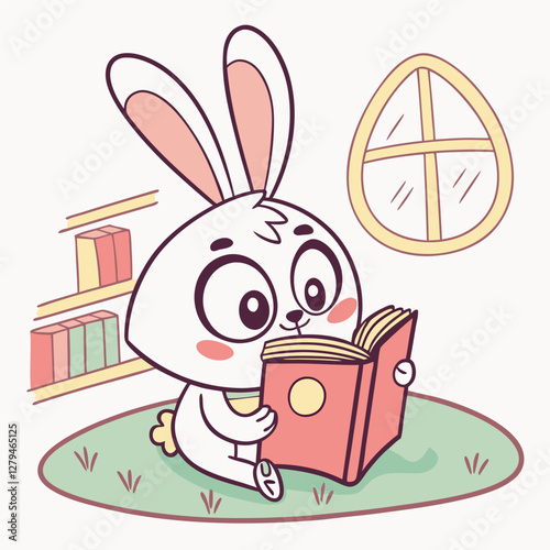 Cute vector illustration of bunny reading book in room, cartoon, entertaining, kids style