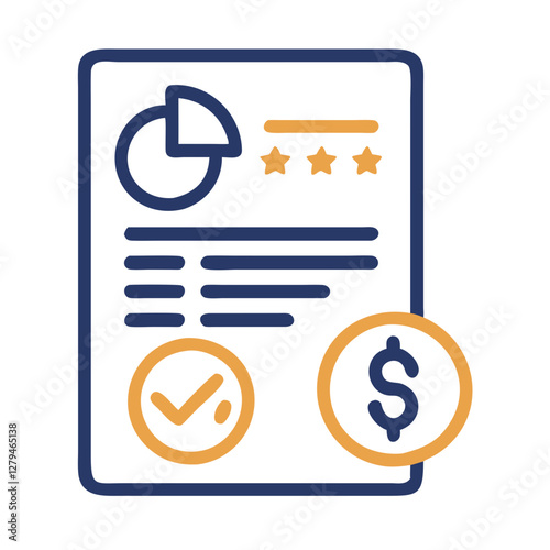 Vector icon representing a credit score analysis report with financial symbols and evaluation chart