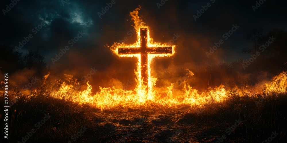 Fiery cross illuminates a dark landscape during a dramatic night scene with heavy clouds Fiery cross illuminates a dark landscape during a dramatic night scene with heavy clouds