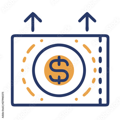 Vector icon displaying financial snapshot illustrating currency with upward arrows indicating growth and profit trends