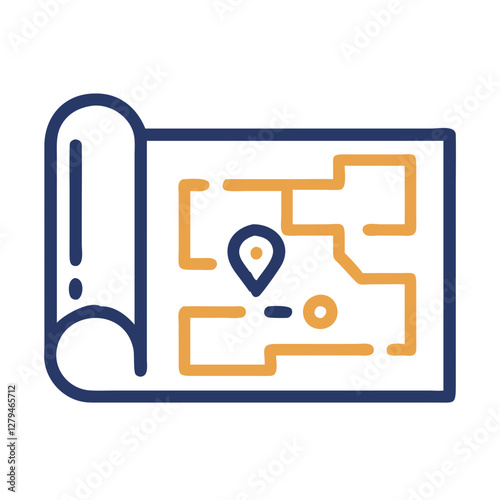 Creative vector icon depicting a rolled map with a location pin indicating a specific destination for navigation
