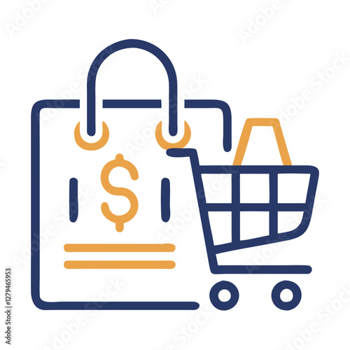 Vector illustration representing retail therapy with a shopping bag and cart highlighting the joy of shopping and consumer experience