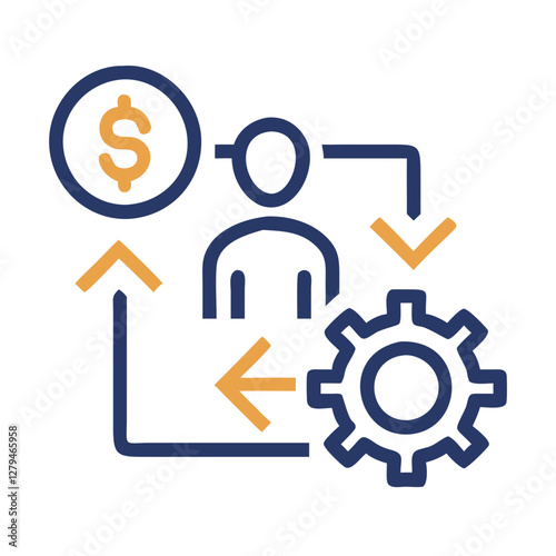Resource allocation icon illustrating financial management and process flow with a person and gear symbols representing efficiency