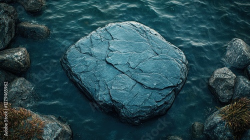 Dark stone in calm coastal water, rocks nearby, nature background, product display photo