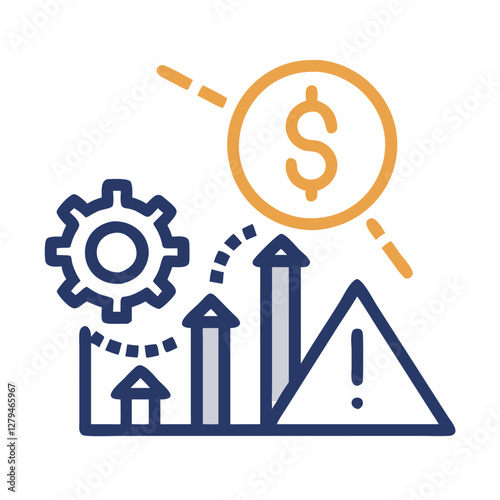 Risk management icon represents growth, finance, and evaluation through graphs, gear, and dollar sign in a clear vector design