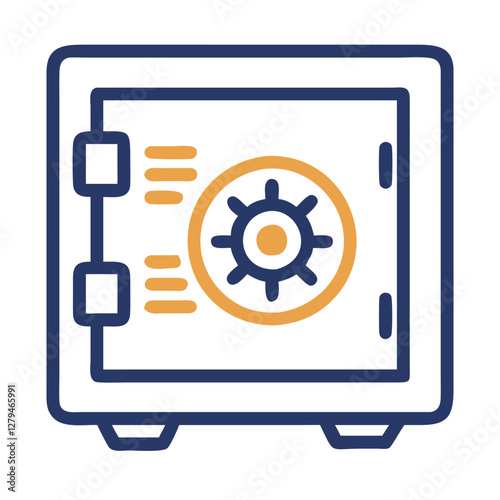 Icon design of a safe deposit box with a lock and a wheel mechanism illustrating security and protection for valuables in a financial institution