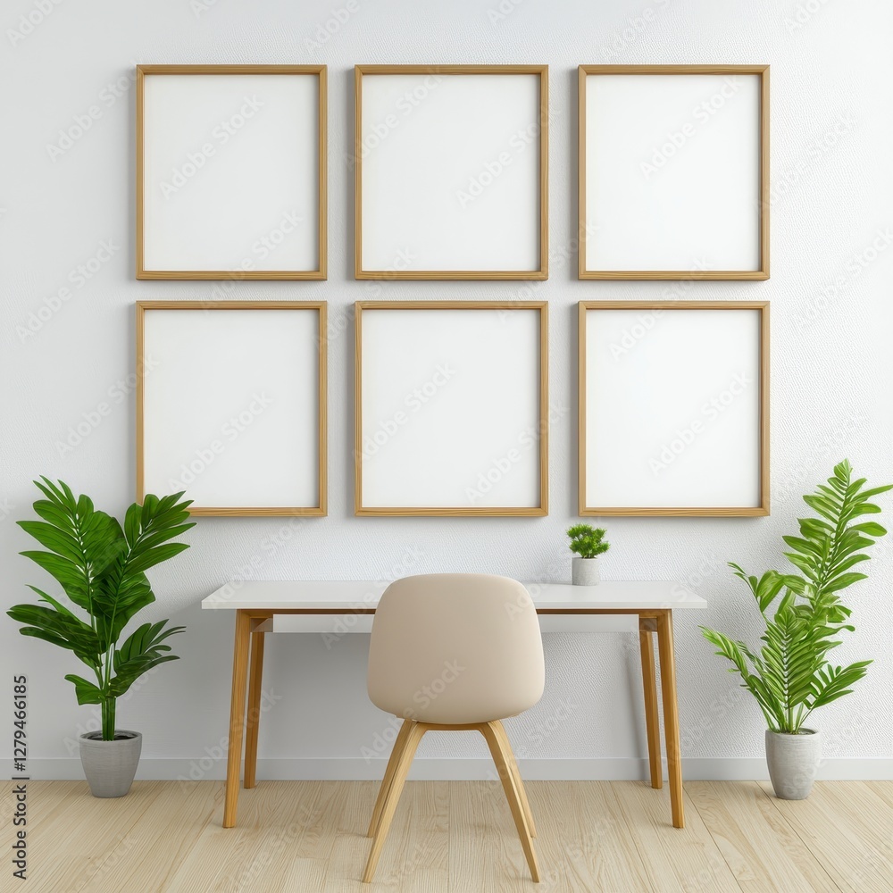 Fototapeta premium Modern Minimalist Home Office with Empty Frames and Plants