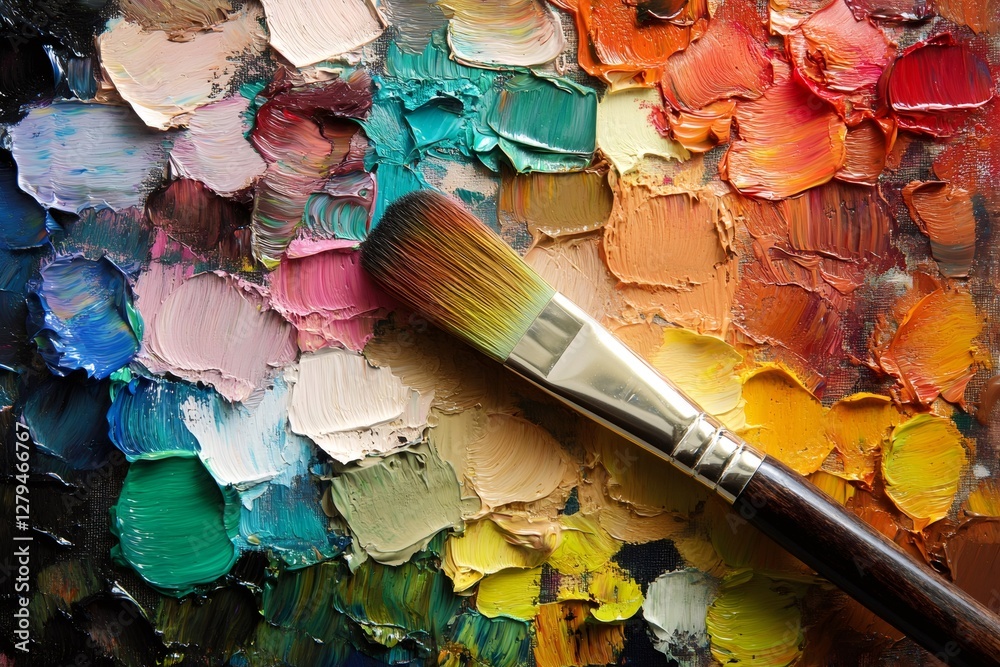 Fototapeta premium Paintbrush resting on vibrant palette with thick impasto strokes